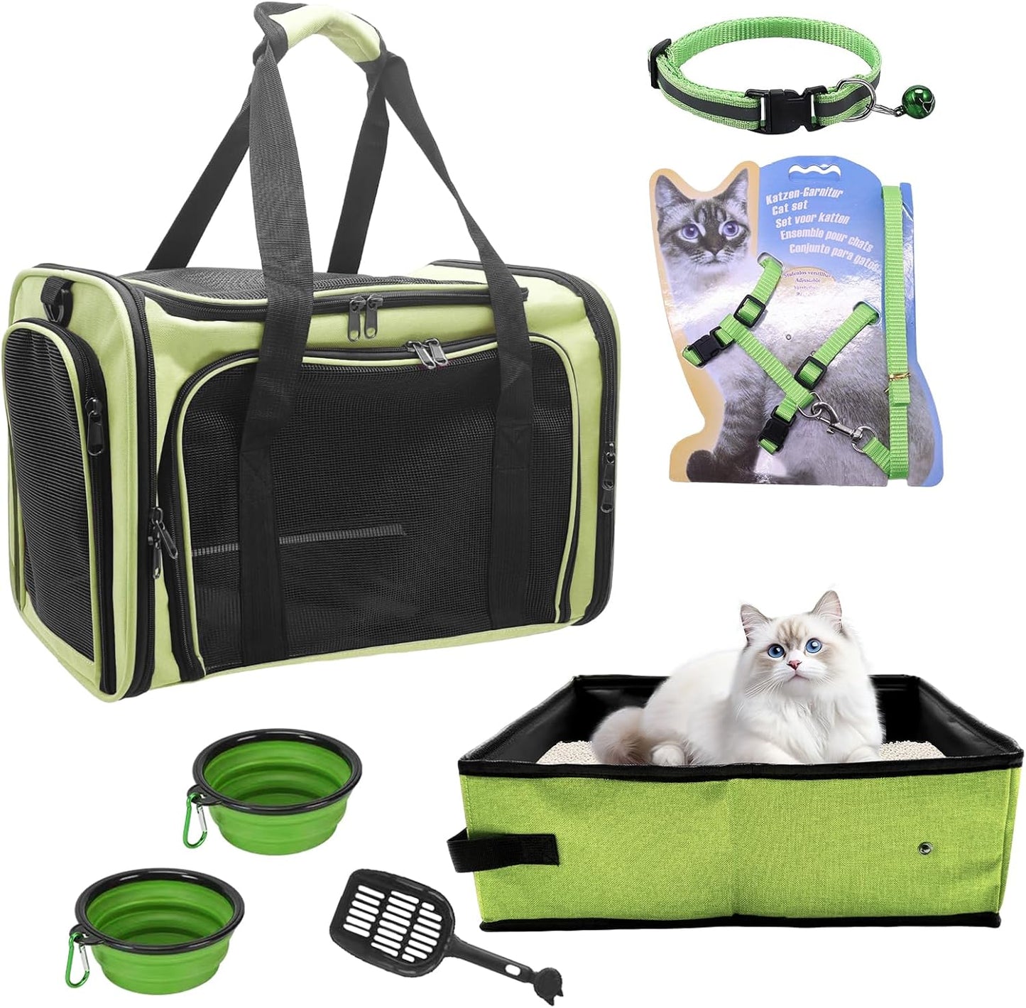 Ultimate Cat Carrier Soft-Sided Travel Kit: Comfortable & Convenient Litter Box for Cats Up to 20lbs - Perfect for Adventures in Green & Black!