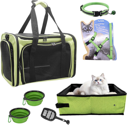 Ultimate Cat Carrier Soft-Sided Travel Kit: Comfortable & Convenient Litter Box for Cats Up to 20lbs - Perfect for Adventures in Green & Black!