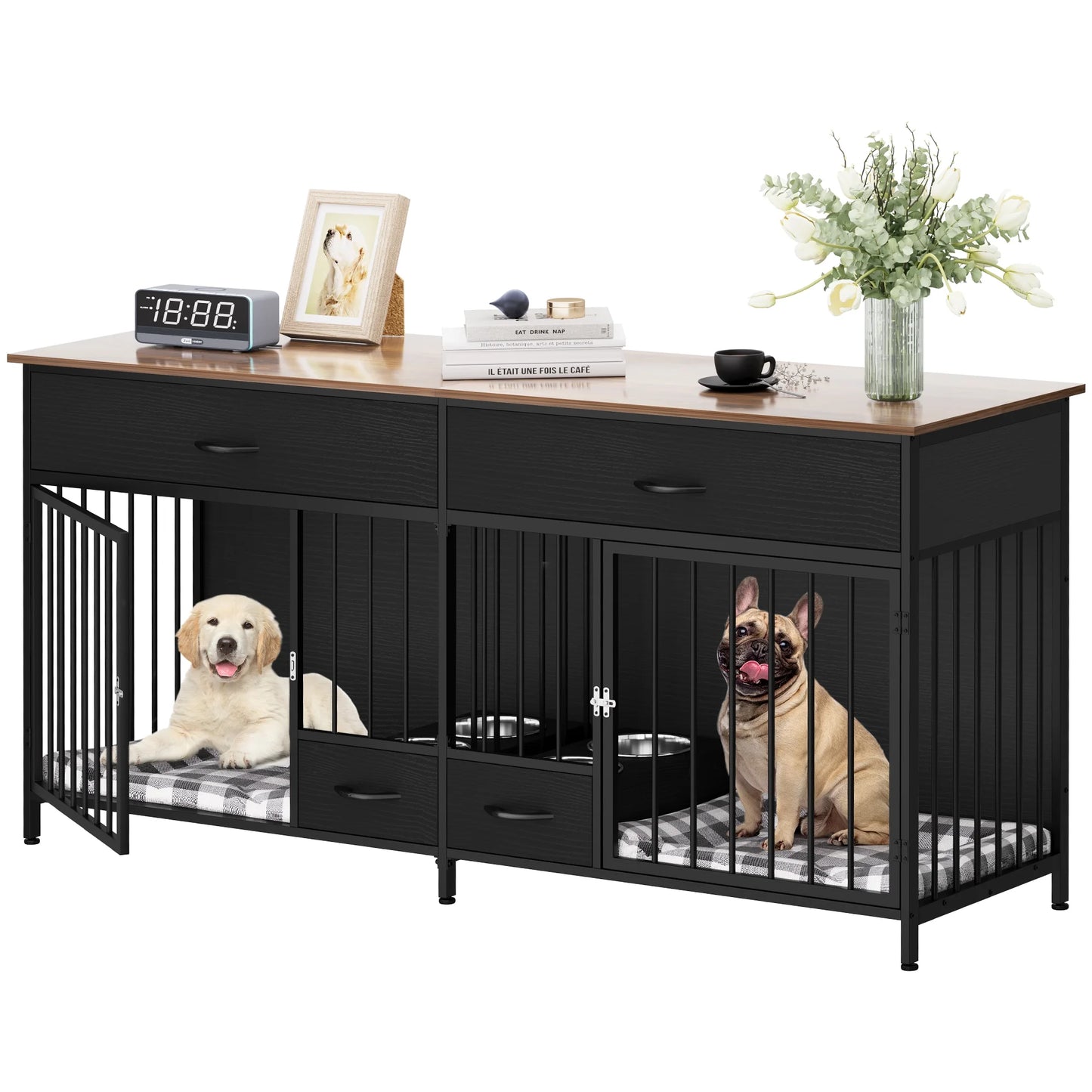 Stylish Indoor Dog Crate Furniture for Large Breeds with Convenient Storage & Double Feeding Stations - Perfect TV Stand and Side Table for Your Home