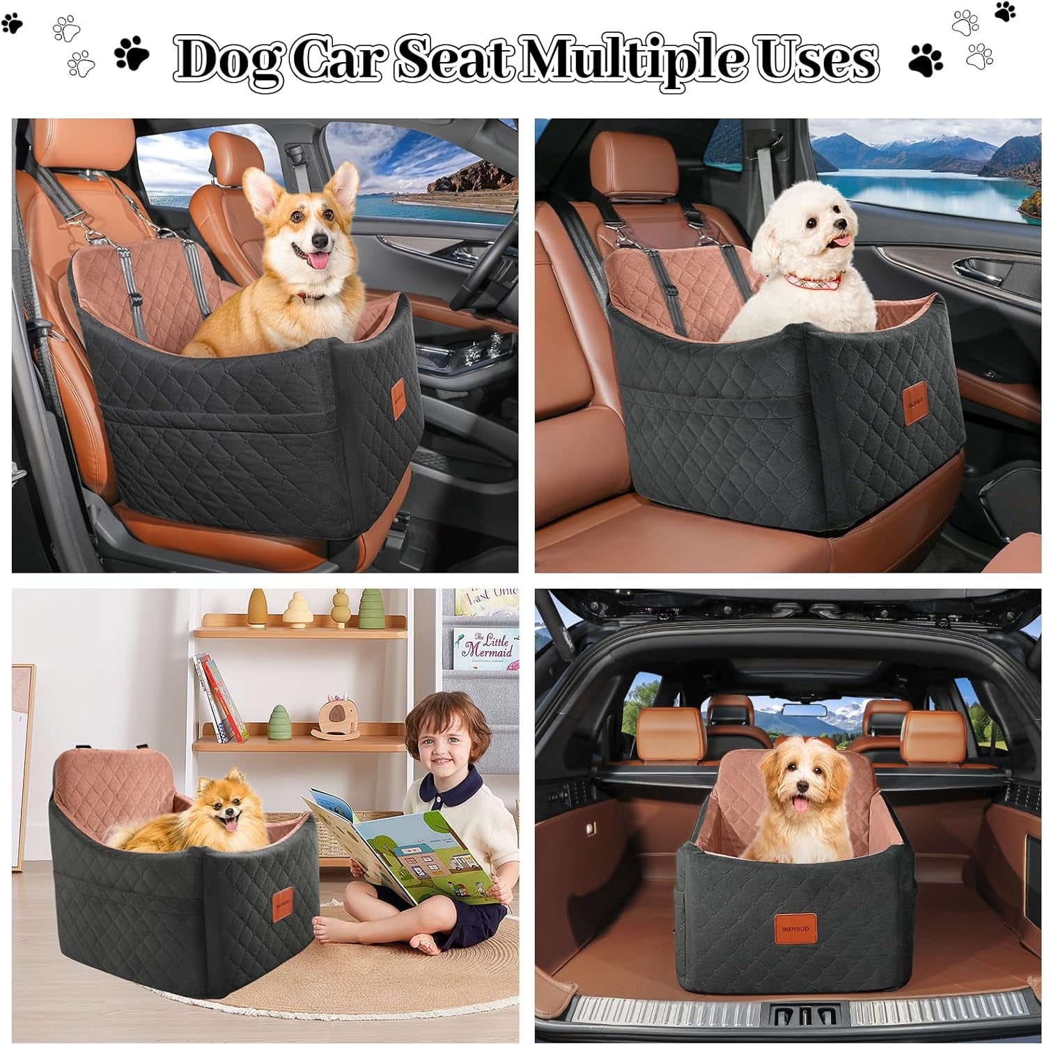 Premium Portable Dog Car Seat for Small to Medium Pets - Detachable, Washable Booster Seat with Safety Belt and Storage Pockets (Black/Brown)