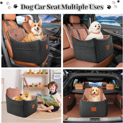 Premium Portable Dog Car Seat for Small to Medium Pets - Detachable, Washable Booster Seat with Safety Belt and Storage Pockets (Black/Brown)