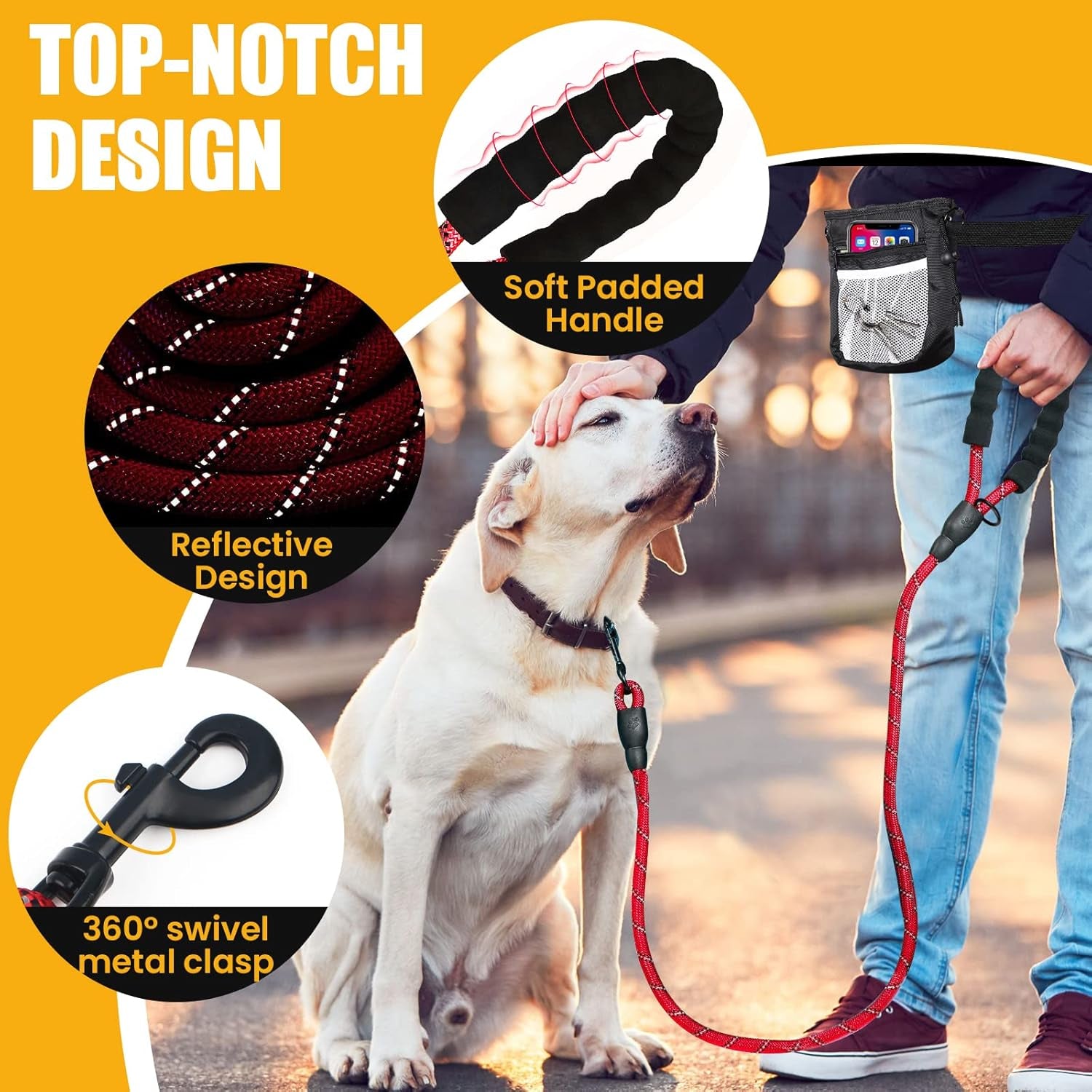 Ultimate 5/6 Ft Dog Leash with Reflective Threads & Padded Handle - Versatile Dog Treat Pouch Included for Effortless Walks & Training!