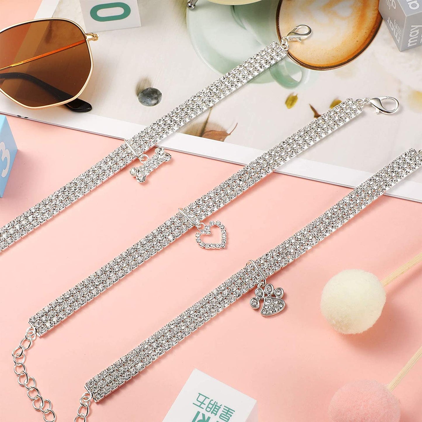 Sparkling 3-Piece Rhinestone Pet Collar Set - Adjustable Crystal Necklaces for Small Dogs and Cats
