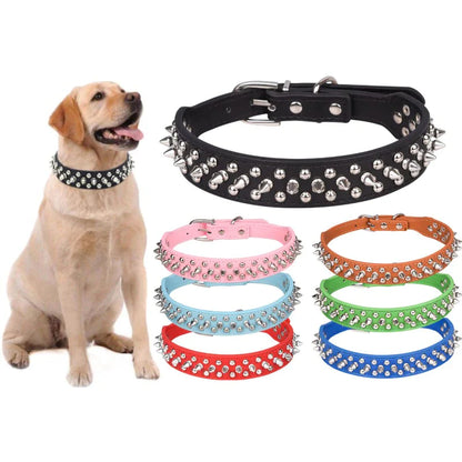 Stylish and Durable Spiked Studded Leather Dog Collar - Adjustable for Small to Large Breeds