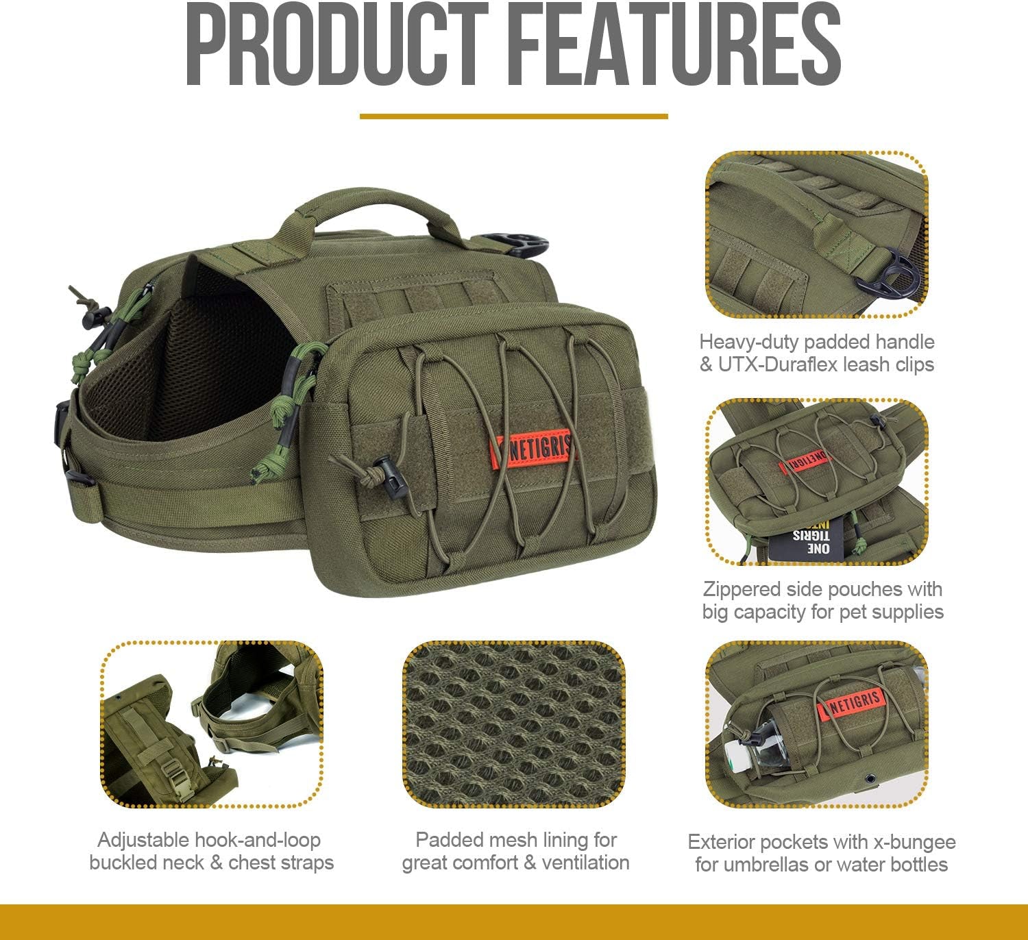 Adventure-Ready Dog Backpack for Medium & Large Dogs - Durable Tactical Nylon Pack with Side Pockets for Hiking, Walking, and Training (Green, Large)