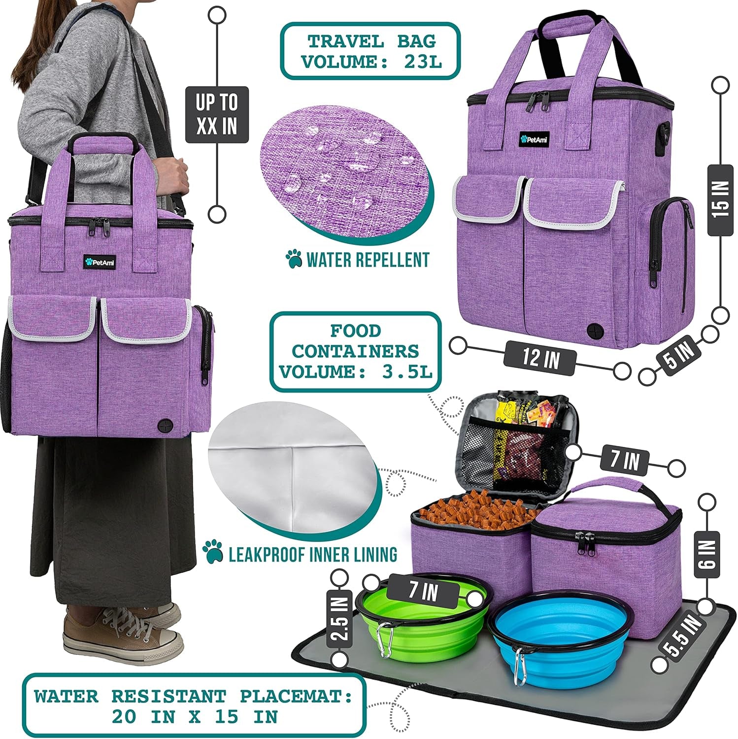 Ultimate Dog Travel Bag: All-in-One Pet Supplies Organizer for Adventures with Your Furry Friend - Includes Food Containers, Collapsible Bowls & Feeding Mat in Stylish Heather Purple