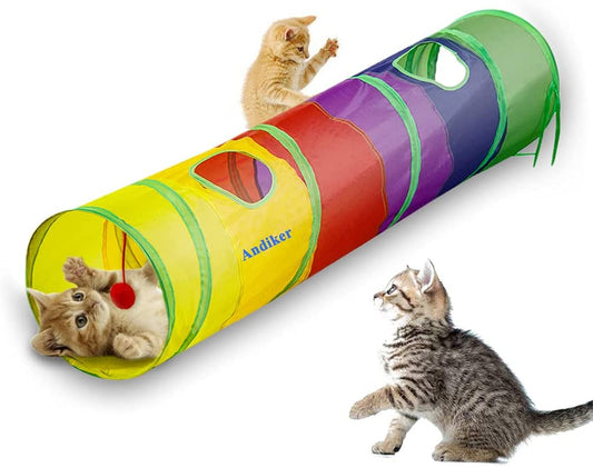 Exciting Cat Tunnel for Indoor Play - 45" Colorful Rainbow Tube with Fun Ball and Peepholes for Kittens and Cats to Hide, Exercise, and Explore