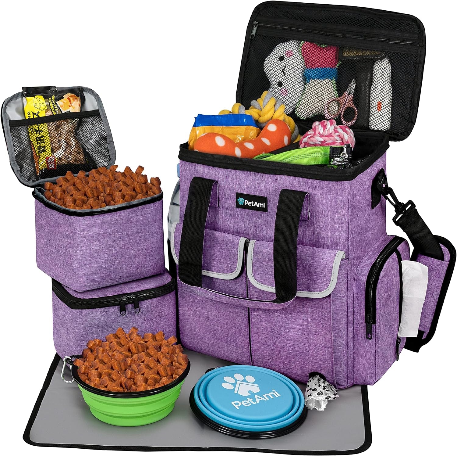Ultimate Dog Travel Bag: All-in-One Pet Supplies Organizer for Adventures with Your Furry Friend - Includes Food Containers, Collapsible Bowls & Feeding Mat in Stylish Heather Purple