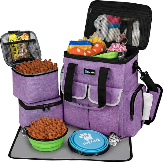 Ultimate Dog Travel Bag: All-in-One Pet Supplies Organizer for Adventures with Your Furry Friend - Includes Food Containers, Collapsible Bowls & Feeding Mat in Stylish Heather Purple