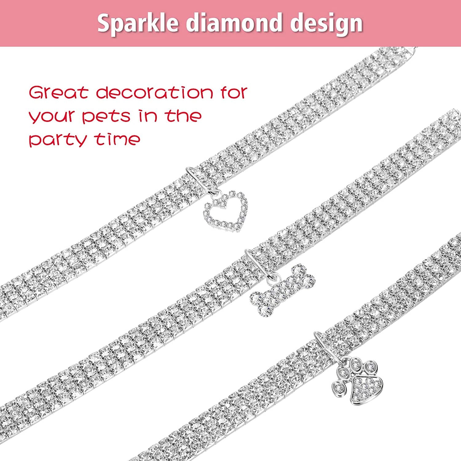 Sparkling 3-Piece Rhinestone Pet Collar Set - Adjustable Crystal Necklaces for Small Dogs and Cats