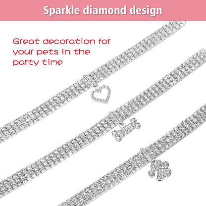 Sparkling 3-Piece Rhinestone Pet Collar Set - Adjustable Crystal Necklaces for Small Dogs and Cats