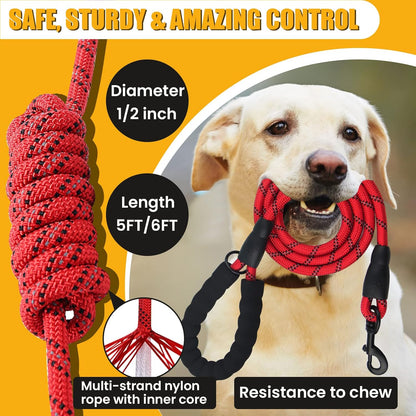 Ultimate 5/6 Ft Dog Leash with Reflective Threads & Padded Handle - Versatile Dog Treat Pouch Included for Effortless Walks & Training!