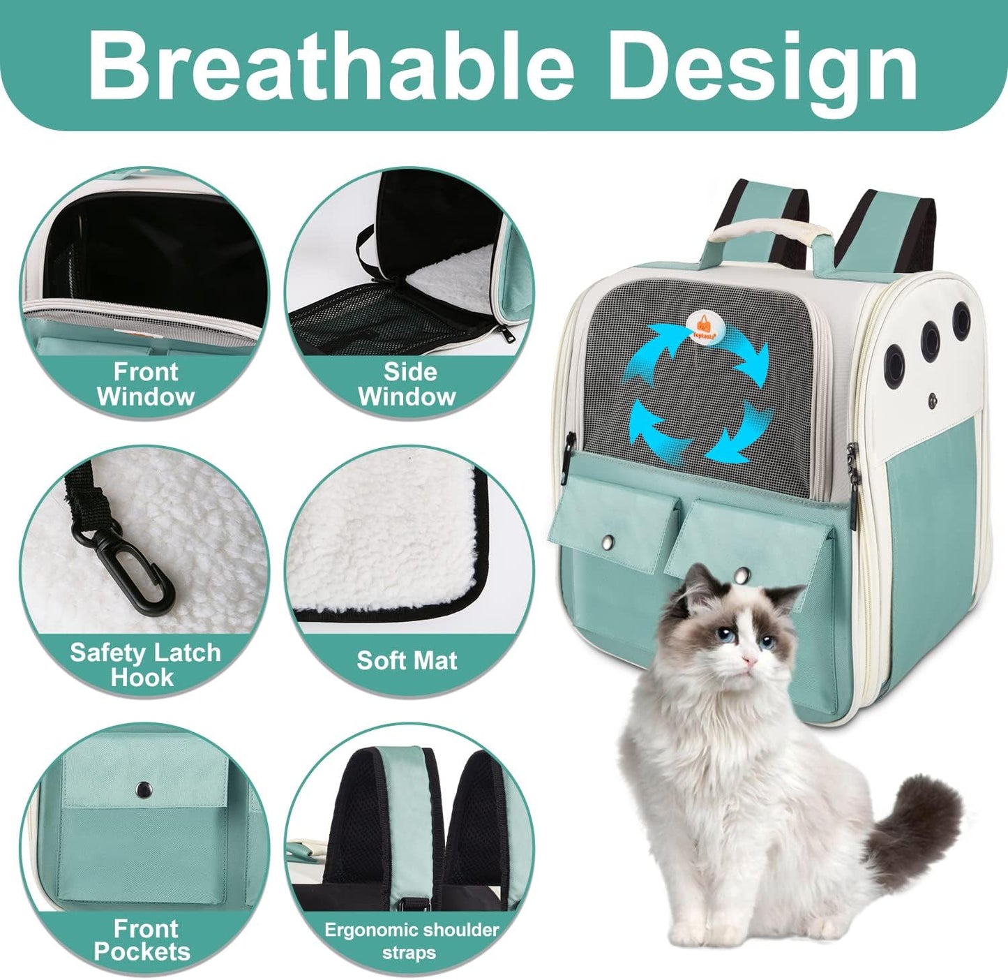 Adventure-Ready Cat Backpack Carrier - Airline Approved, Ventilated Design for Small Pets, Perfect for Hiking and Camping, Holds Up to 15 Pounds in Light Blue